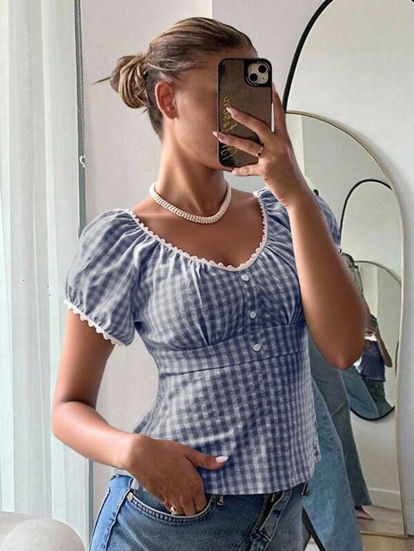 CovetEZ Navy Blue & White Plaid Woven Blouse For Women