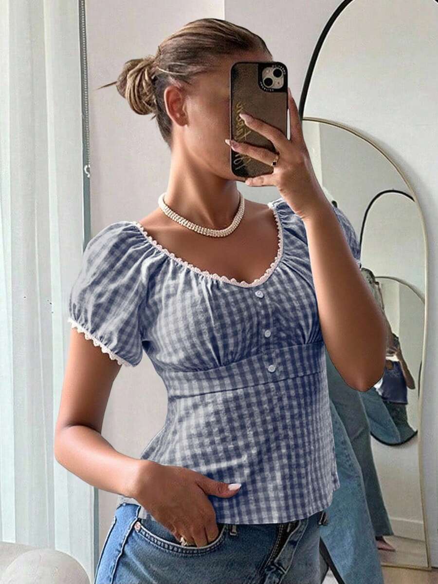 CovetEZ 海军蓝和白色格子编织女式衬衫 - 藏蓝色 - 查看 1