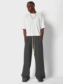 SUMWON Wide Leg Sweatpants With Pleated Front Extra Volume Drawstring Waist Loose Fit Casual Lounge Jogger Fall Winter Comfort Wear Plain - Dark Grey - View 3