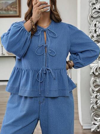 SHEIN CURVE+ 大码休闲水洗抽绳牛仔衬衫