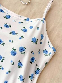 SHEIN 少女女孩白色针织蓝色小碎花休闲可爱吊带连衣裙，适合居家休闲 - 淺藍色 - 查看 5