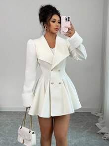 Elenzga Áo khoác len dày cổ tay bo gấu lông chồn dáng chữ A thanh lịch cho nữ đi làm hàng ngày - Màu be - Xem 7