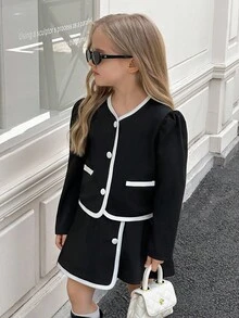 SHEIN Elladie kids 2pcs Young Girls Fashion White Button Black Long Sleeve Faux Pocket Jacket Paired With Comfortable Autumn/Winter 2 In 1 Skirt Set Fall - Black - View 3