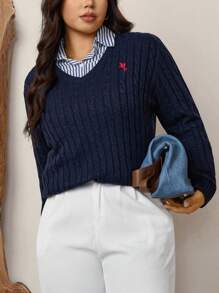 SHEIN LUNE Maglione casual oversize con scollo a V, lavorazione a maglia testurizzata con motivi ricamati