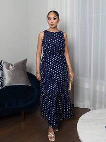 Melissa Matos Polka Dot Sleeveless Ruffle Hem A-Line Dress Maxi Women Outfit - Navy Blue - View 6