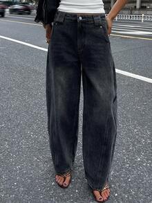 DAZY 宽松复古水洗阔腿休闲牛仔裤，美式工装风格 - 灰色 - 查看 6