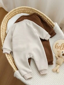 2件套新生儿卡通印花圆领长袖连体衣，摩卡色图案，男女宝宝通用连体衣，中性婴儿服装，男女宝宝小熊连体衣，秋冬季 - 彩色 - 查看 2