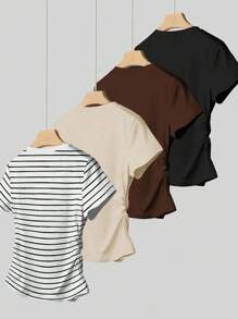 Women's Round Neck Short Sleeve Pleated Casual Versatile T-Shirt - Black - View 2