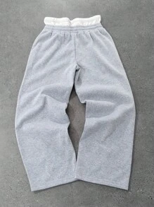 PAVTROS Manfinity Streetrush Men's 2 In 1 Sweatpants,Thickened Thermal Lined Drawstring Waist Joggers, Slogan Light Grey,Autumn,Streetwear,City Break - Light Grey - View 6