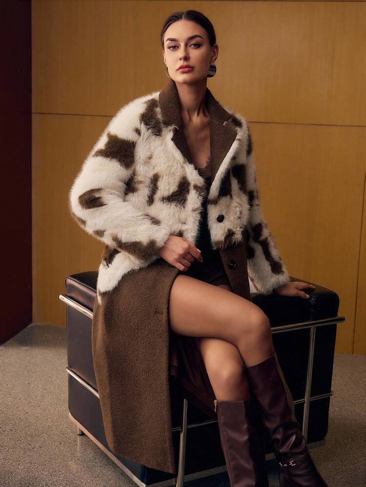 COLORBLOCK BUTTON UP FAUX FUR COAT