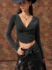 Easelle Top à manches longues avec décolleté plongeant, style sexy . Catégorie polyvalente de t-shirt/sous-vêtement, convient à ceux qui recherchent le style personnalisé, la sensualité et la mode. Peut être porté au quotidien ou pour créer un look sexy. - Gris foncé - Voir 7