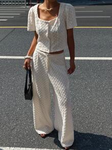 Livesso Conjunto de 2 piezas de top de manga corta de ajuste holgado blanco y pantalones de pierna ancha, conjunto de ropa de estar en casa de verano para mujeres - Blanco - Ver 1