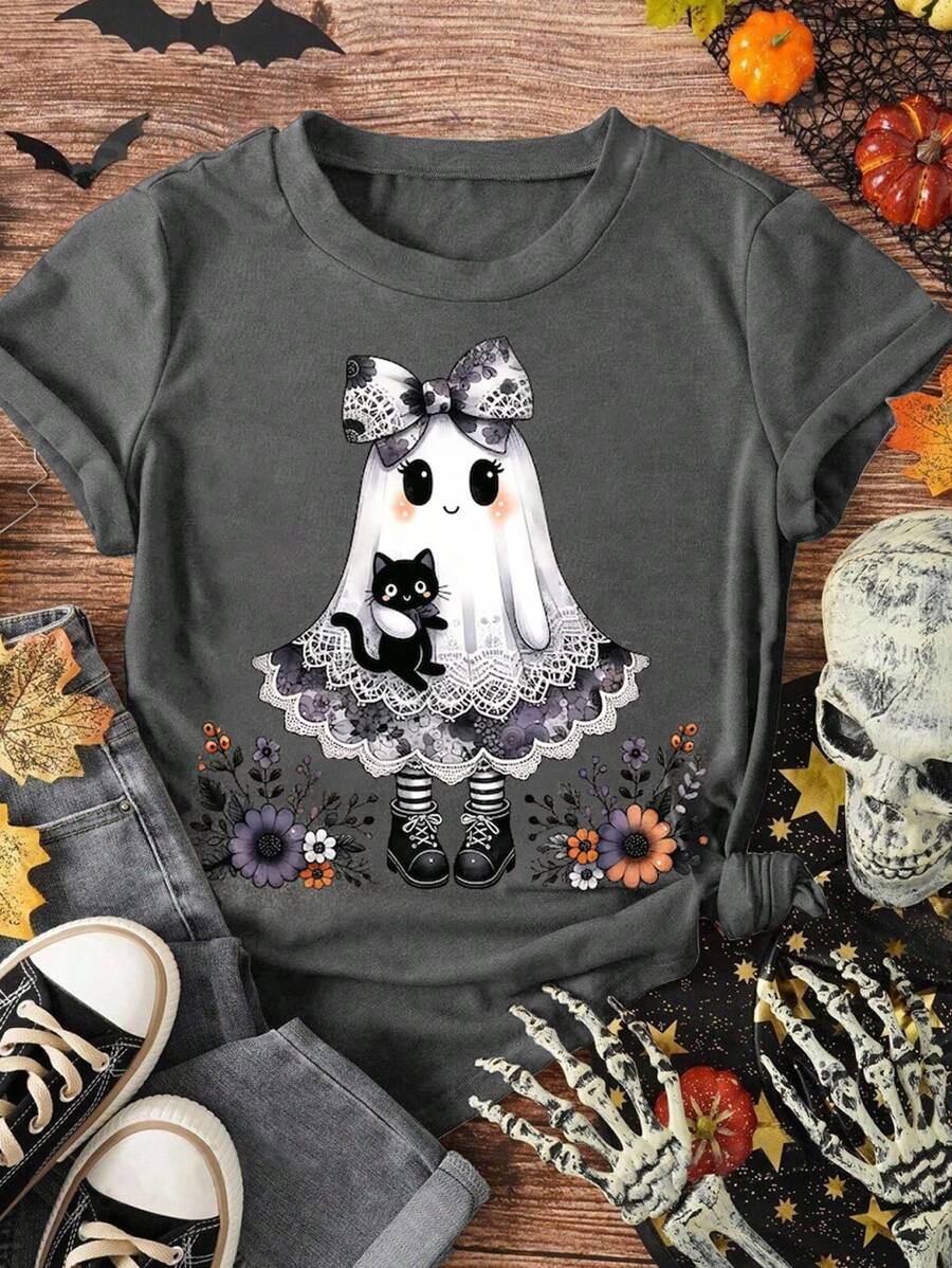 SHEIN CURVE+ Camiseta de manga corta casual de verano con estampado de fantasma de Halloween, camiseta de Halloween, camiseta de fantasma lindo de Halloween, camiseta de fantasma espeluznante, camiseta de lazo lindo de otoño, gato negro de Halloween