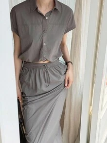 DAZY 女士商务休闲短袖衬衫半裙两件套，秋季款 - 灰色 - 查看 4