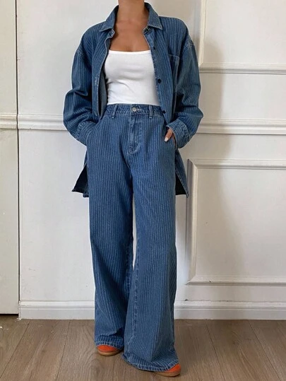 Livesso Autumn/Winter New Loose Casual Solid Color Retro Design Women Denim 2 Pieces Set