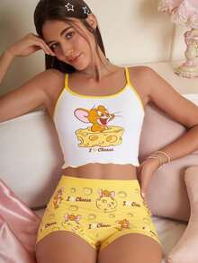 TOM & JERRY X SHEIN Women Yellow Cartoon Jerry Print Cami Top And Boyshorts Underwear Set, Women Two Pieces Outfits,Cute,Kawaii
