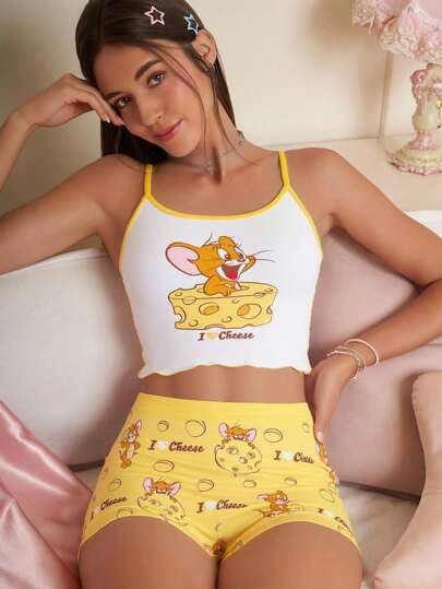 TOM & JERRY X SHEIN Ensemble de débardeur et culotte boxeuse imprimé de lettres et de dessins animés pour femmes
