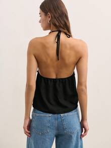 Nöista This Sleeveless Halter Top In Muted Olive Features A Draped Front And Wooden Bead Neckline, Creating A Relaxed, Flowy Silhouette. Perfect For Summer Outfits, Cute Summer Tops, Plus Size Summer Clothes, And Women's Summer Clothes. - Black - View 2