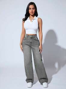 EURMUSE Damen Mode Lässig Jeans mit Taschen und geradem Bein, für zierliche Frauen - Hellgrau - Übersicht 3