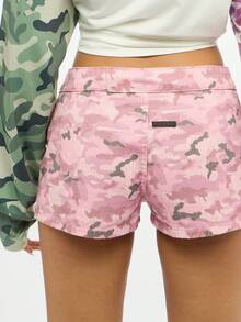 SUMWON WOMEN 牛仔高腰迷彩印花短裤节日夏季海滩派对热裤毛边磨边牛仔下装 - 粉色 - 查看 8