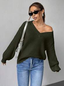 Maglione oversize da donna a maniche lunghe con scollo a V, tinta unita