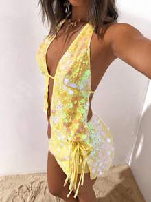 Opulessa 女士度假纯色亮片露背吊带上衣，适合秋季、冬季、万圣节装扮、仙女风、商务休闲、优雅性感派对约会之夜、婚礼宾客等场合 - 黃色 - 查看 4