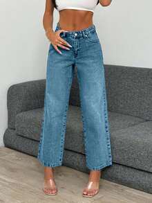 EURMUSE High Waist Light Wash Crop Straight Jean - Baby Blue - View 6