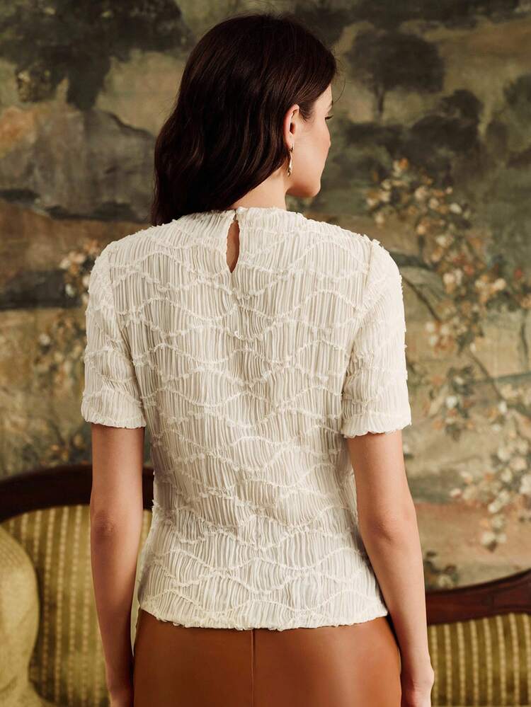 New High Neck Textured Ruched Design Fitted Women Top