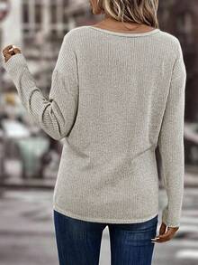 SHEIN LUNE Women's Solid Color Ribbed V-Neck Dropped Shoulder Long Sleeve Casual Loose T-Shirt Fall Cloth For Women - Apricot - View 2