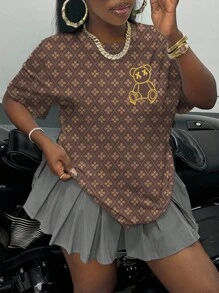 Rovax 大码女式夏季花卉和卡通熊印花圆领短袖休闲T恤图案T恤女式上衣