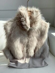 Comfortcana Women's Solid Color Zipper Front Faux Fur Vest Jacket In Fall/Winter - Brown - View 1