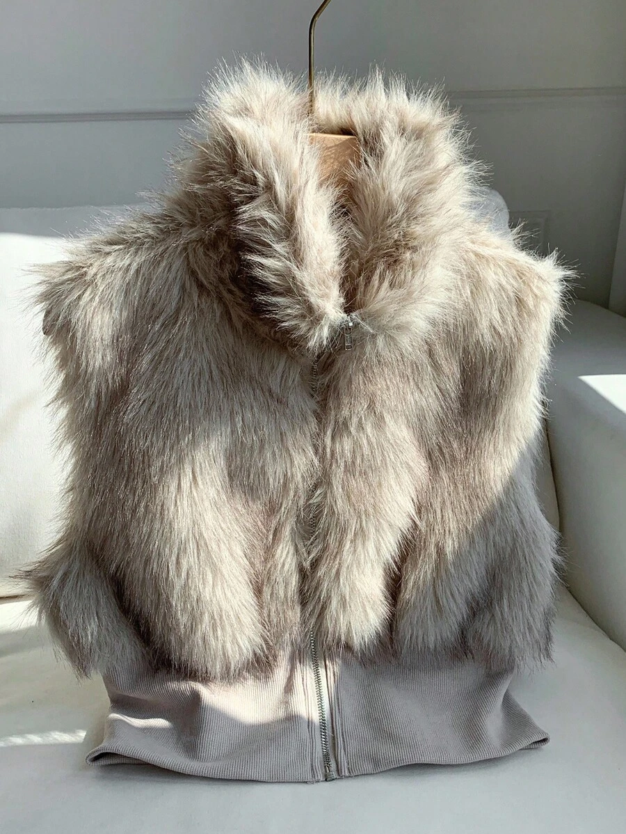 Comfortcana Women's Solid Color Zipper Front Faux Fur Vest Jacket In Fall/Winter - Brown - View 1