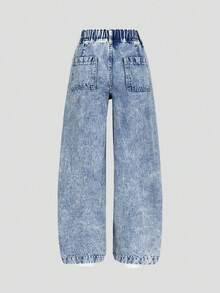 SHEIN Tween Girls' Light Blue Elastic Waist Bow Decor Casual Loose Fit Washed Wide Leg Jeans Fall Winter