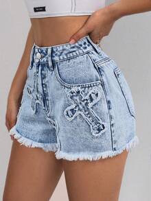 SHEIN ICON Quần short denim sáng màu thường ngày có viền tua rua dành cho nữ - Rửa nhẹ - Xem 7