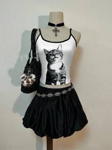 Attitoon 女士休闲性感吊带背心可爱猫咪印花紧身吊带背心，适合夏季、Y2K、街头风格