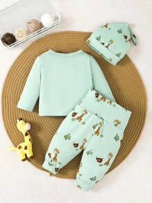 SHEIN Newborn Baby Cartoon Giraffe Print Long Sleeve Top And Pants Set - Green - View 2