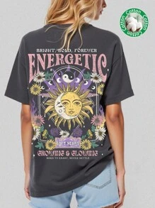 Tseoso 34% 纯棉女式休闲简约植物、太阳、月亮和口号图案短袖超大 T 恤，神秘、占卜，适合夏季、复古、街头服饰、图案 T 恤、夏季外出、女士外出上衣、返校、派对、毕业典礼 - 深灰色 - 查看 6