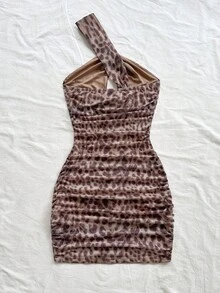 Soleia 女士性感度假不对称褶皱紧身迷你连衣裙，适合派对、圣诞节、约会、夜总会、海滩、游轮、下午茶、波西米亚风、波西米亚风、度假、秋季 - 棕色 - 查看 2