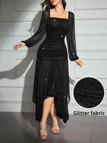 Modelyn 女式闪光面料方领长袖连衣裙 - 黑色 - 查看 1
