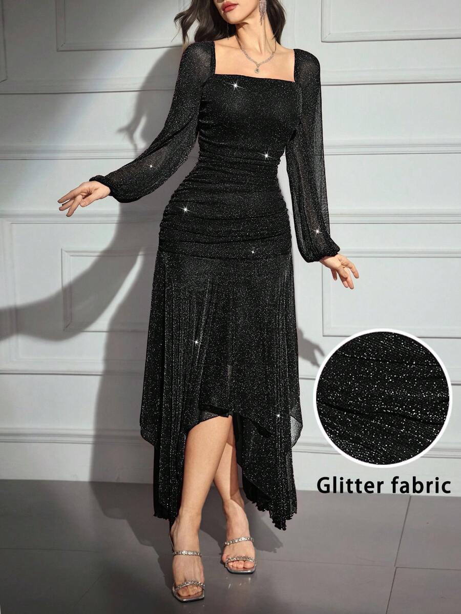 Modelyn 女式闪光面料方领长袖连衣裙 - 黑色 - 查看 1