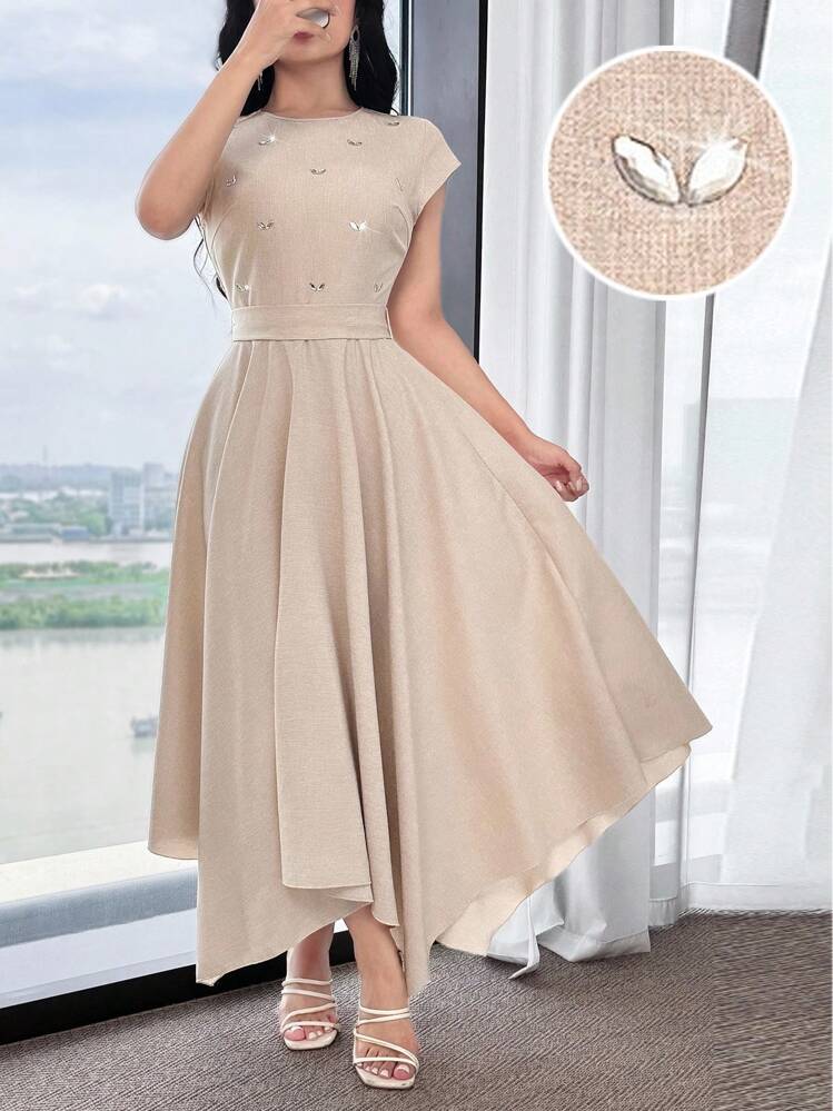 Feyla Women's Elegant Summer Rhinestone Decor Asymmetrical Hem Long Dress  Beige Midi Dress Elegant Midi Dress Summer Dress Tea Length Dress | SHEIN  USA