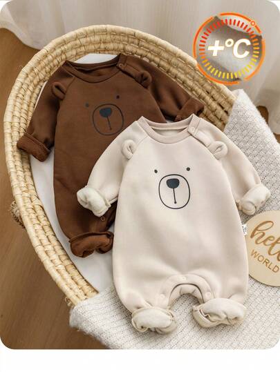 2pcs Newborn Cartoon Print Crew Neck Long Sleeve Jumpsuit Graphic Mocha Baby Clothes Baby Unisex Jumpsuit Neutral Baby Clothes Unisex Baby Bear Jumpsuit Fall Winter