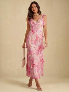 Enchnt 女士休闲浪漫优雅荷叶边修腰无袖连衣裙 - 粉色 - 查看 3