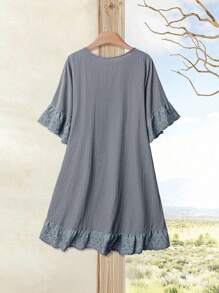 EMERY ROSE Rochie de vară pentru femei, mărime plus, cu decolteu în V, cu volane, mânecă scurtă, din dantelă, bleumarin