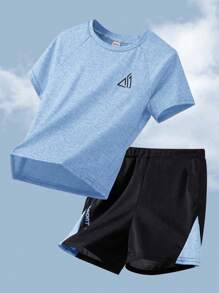 SHEIN 2pcs Set Teen Boy's Contrast Color Block Printed T-Shirt And Shorts Sports Suit;Spring Wear; Teen Boys' Clothing; Kids' Jackets, Spring Back To School