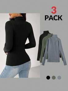 EURMUSE 3pcs Turtle Neck Ribbed Knit Sweater,Jumper,Jumpers For Women,Cream Jumper,Jumpers,Christmas Jumper,White Jumper,Black Jumper,Ladies Jumper,Tall In Women,Women's Jumpers - Multicolor - View 2