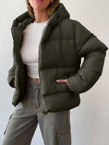 EURMUSE Women's Solid Color Long Sleeve Zipper Front Drawstring Hooded Casual Winter Jacket - Hijau Tentara - View 5