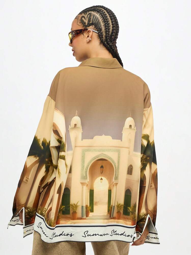 SUMWON Summer Resort Long Sleeve Digital Print Blouse Mediterranean Architecture Scene Vacation Button Down Elegant Holiday Casual Oversized Loose Fit Collared Tourist Shirt