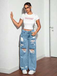 SHEIN Tall Women's Blue Mid-Waist Ripped Fashionable Versatile Straight Loose Fit Jeans - Light Wash - View 6