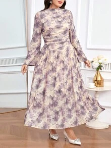 Modelyn Plus Size Women's Elegant Printed Ruffle Dress - Multicolor - View 4